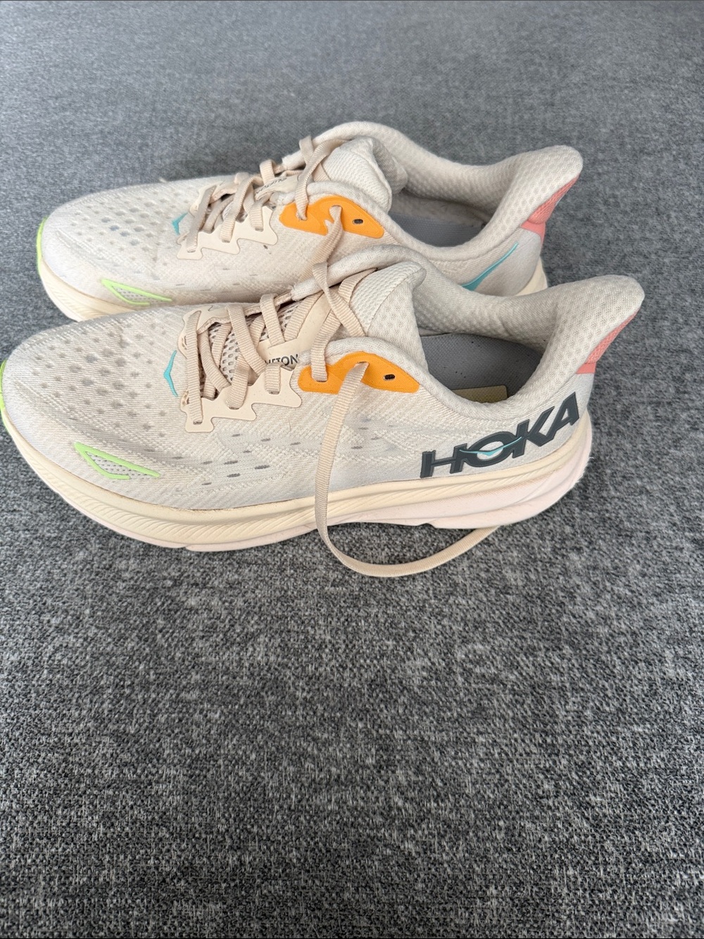 Hoka Clifton 9 Neutral Running Shoes in Beige with Pastel Accents